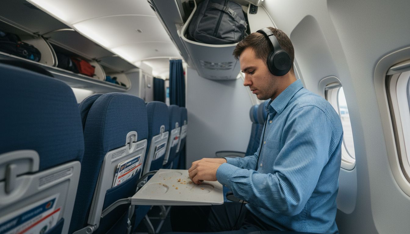 Traveler seated in crowded budget airline cabin