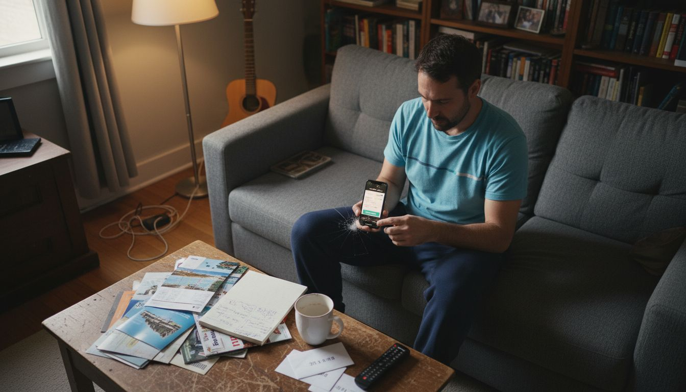 Man comparing mobile travel apps on couch