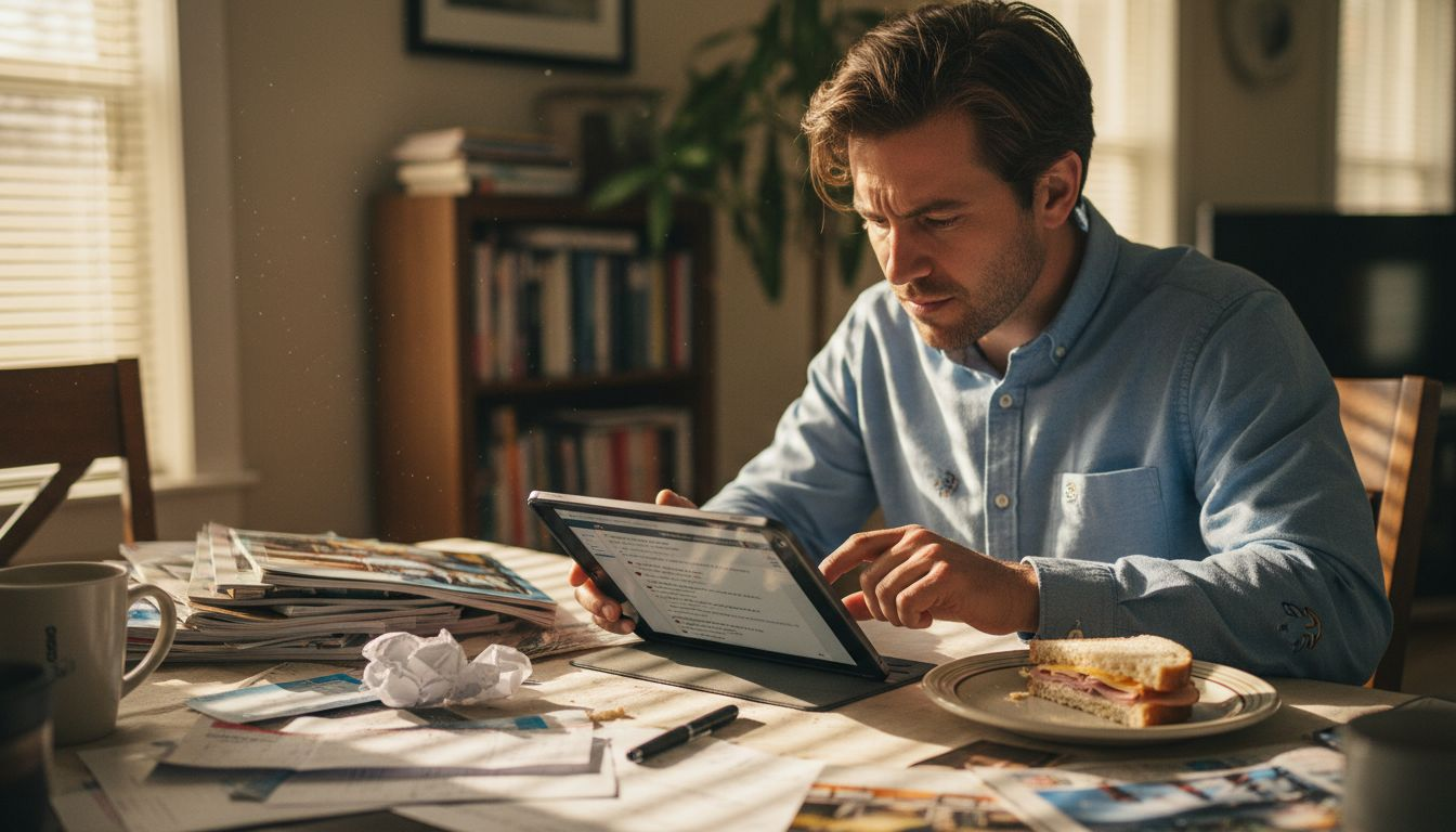 Man checking travel deals emails at messy table