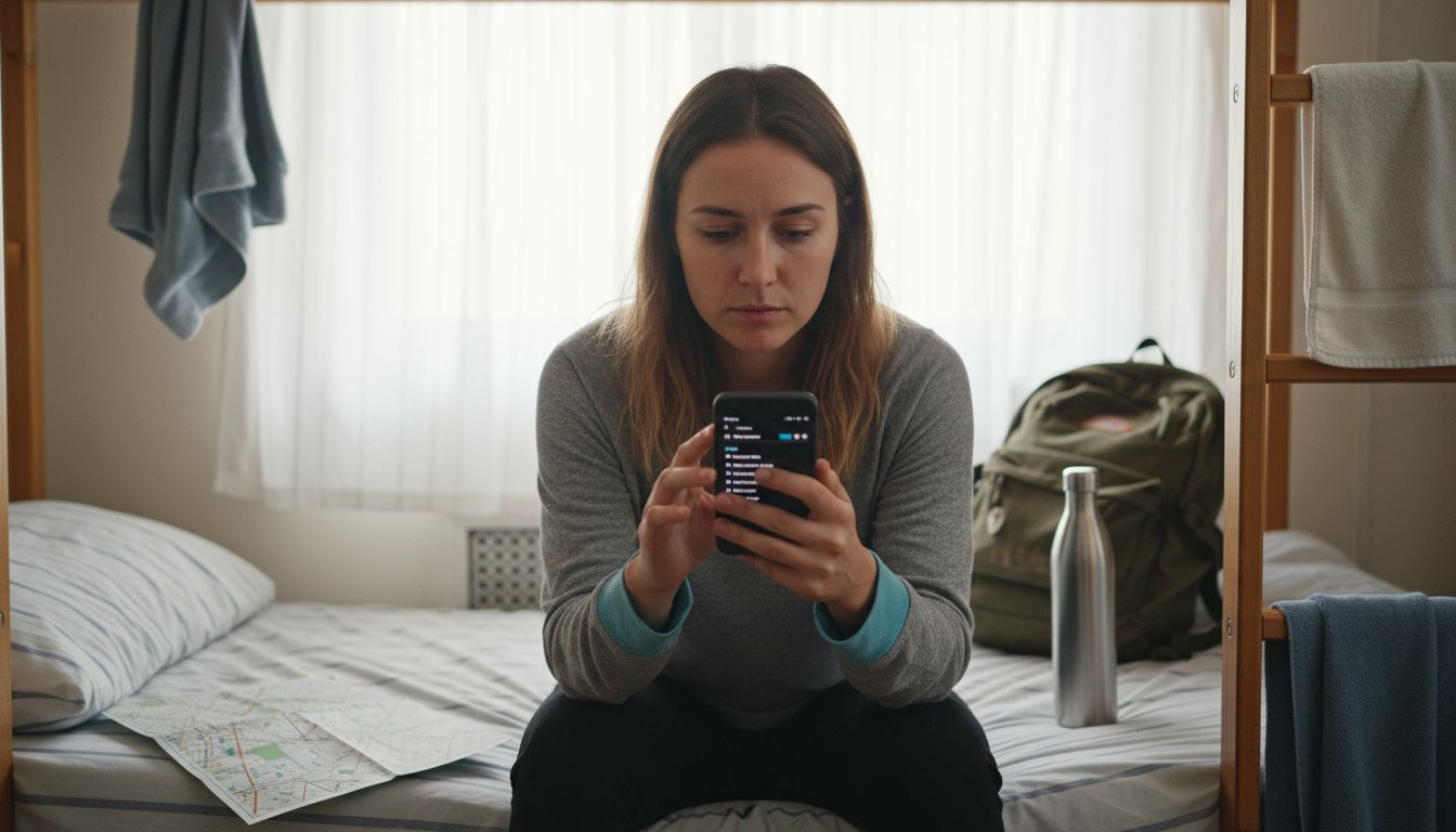 Solo traveler comparing booking options hostel