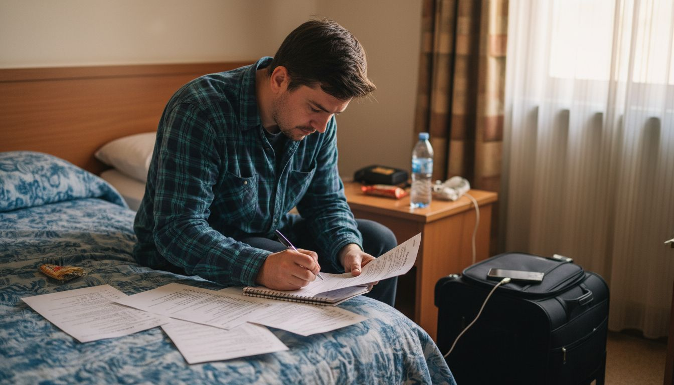 Budget traveler reviews booking paperwork