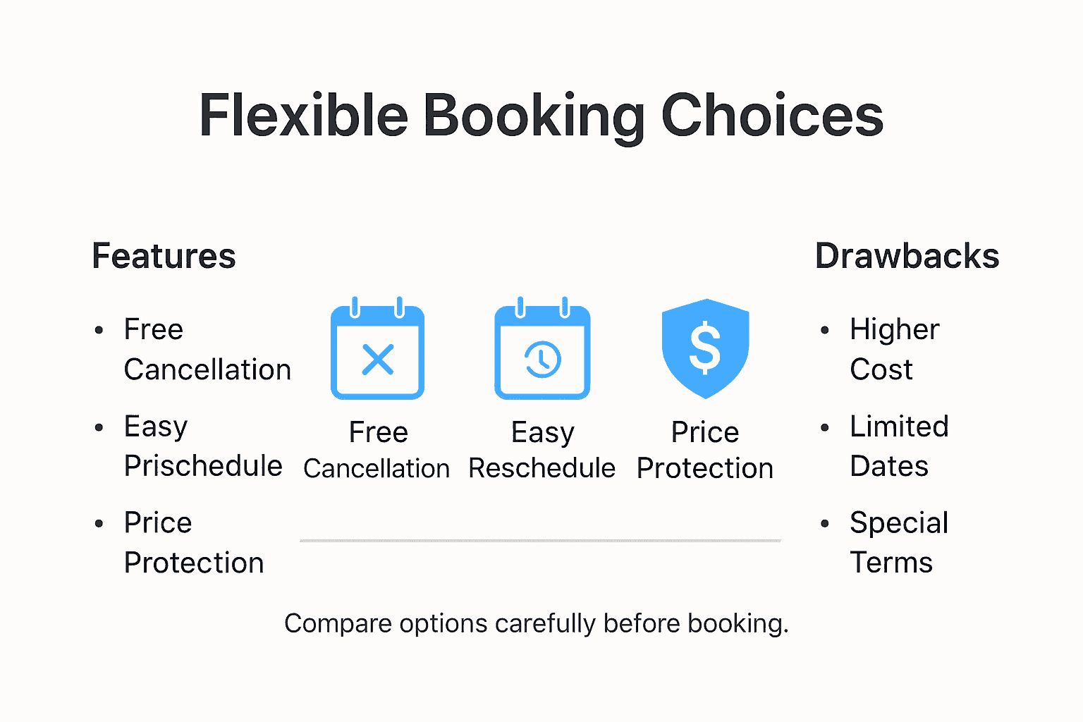 Infographic showing flexible booking features and drawbacks
