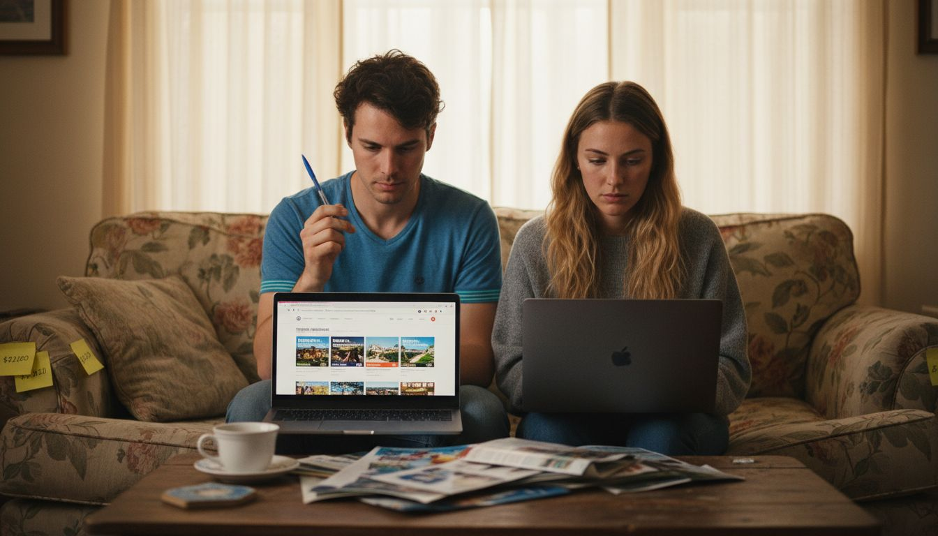Couple comparing travel package options on laptops