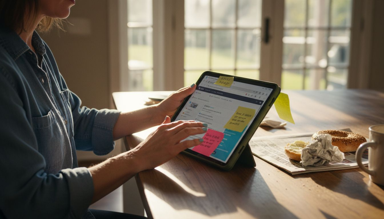 Woman comparing flight deals at kitchen counter