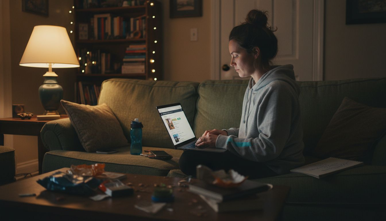 Woman uses laptop with flight filters in living room
