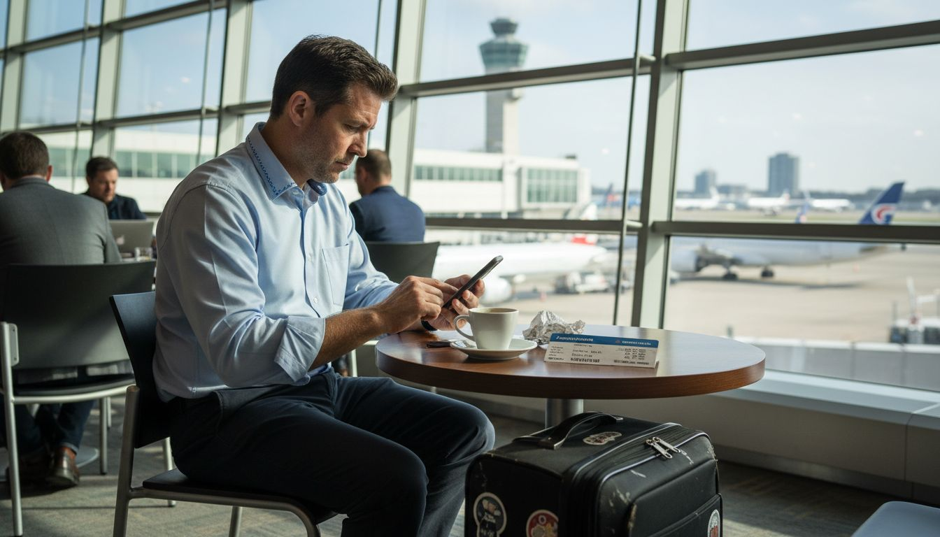 Traveler comparing hotel booking options in airport