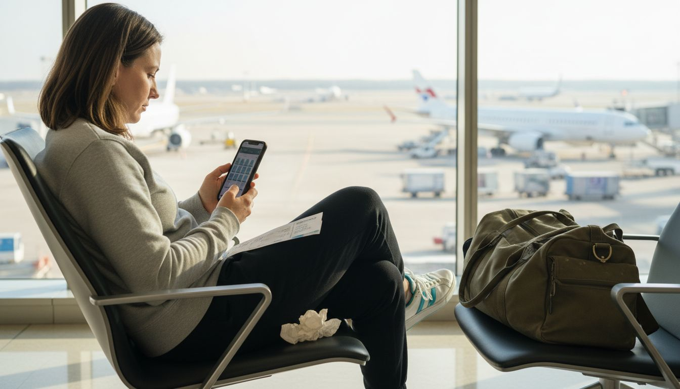 Traveler choosing airplane seat in airport lounge
