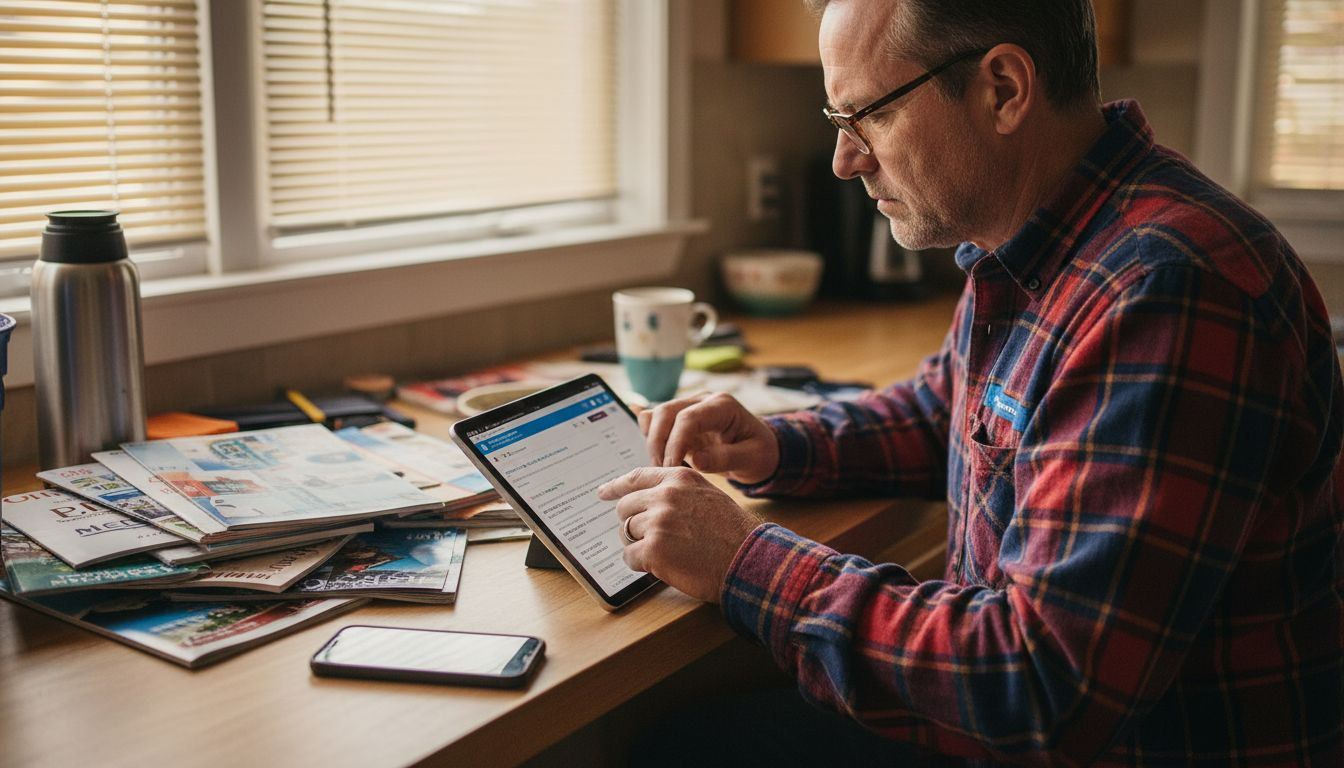 Man comparing flights on tablet