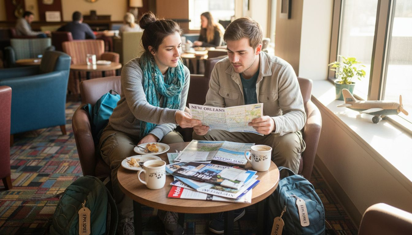 Couple planning city visit using free stopover