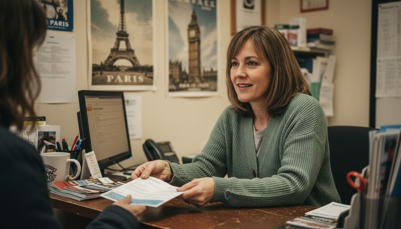Agent handing travel package itinerary in office
