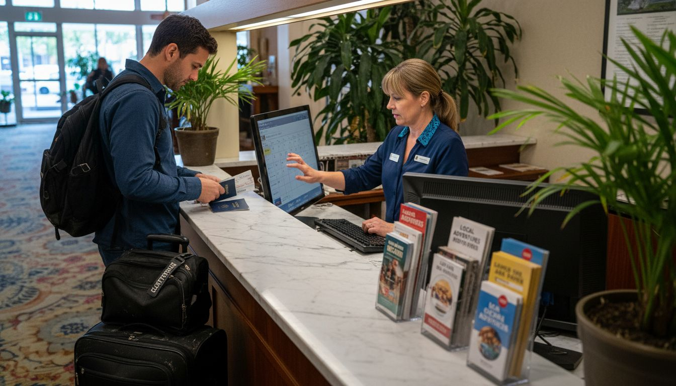 Hotel clerk checks advance reservation details