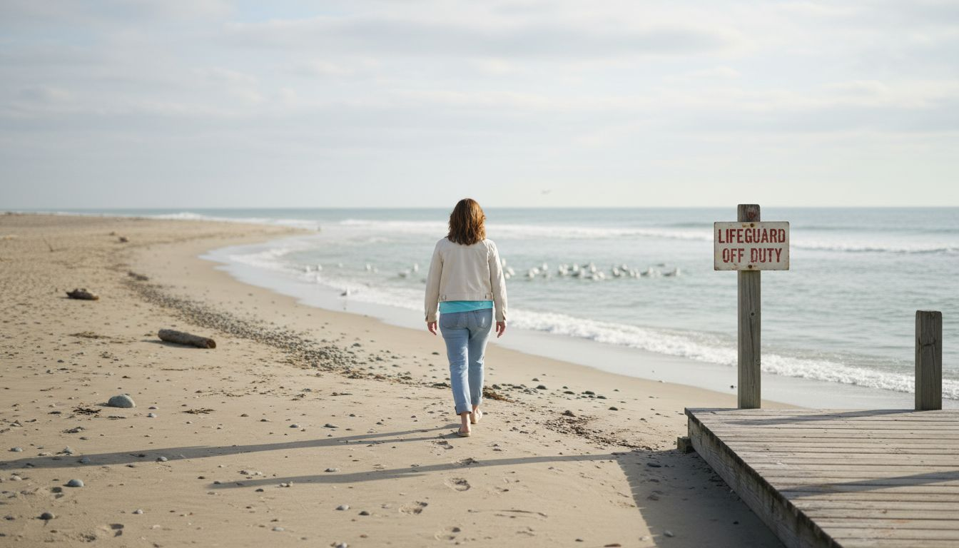 Solo traveler walking empty beach offseason