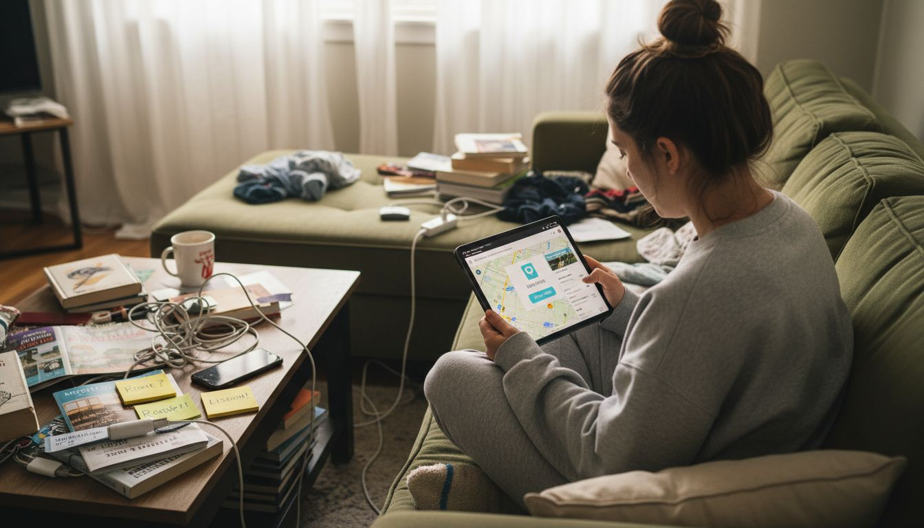 Budget traveler searching deals on tablet