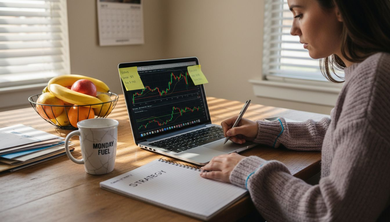 Woman comparing travel prices and notes at table