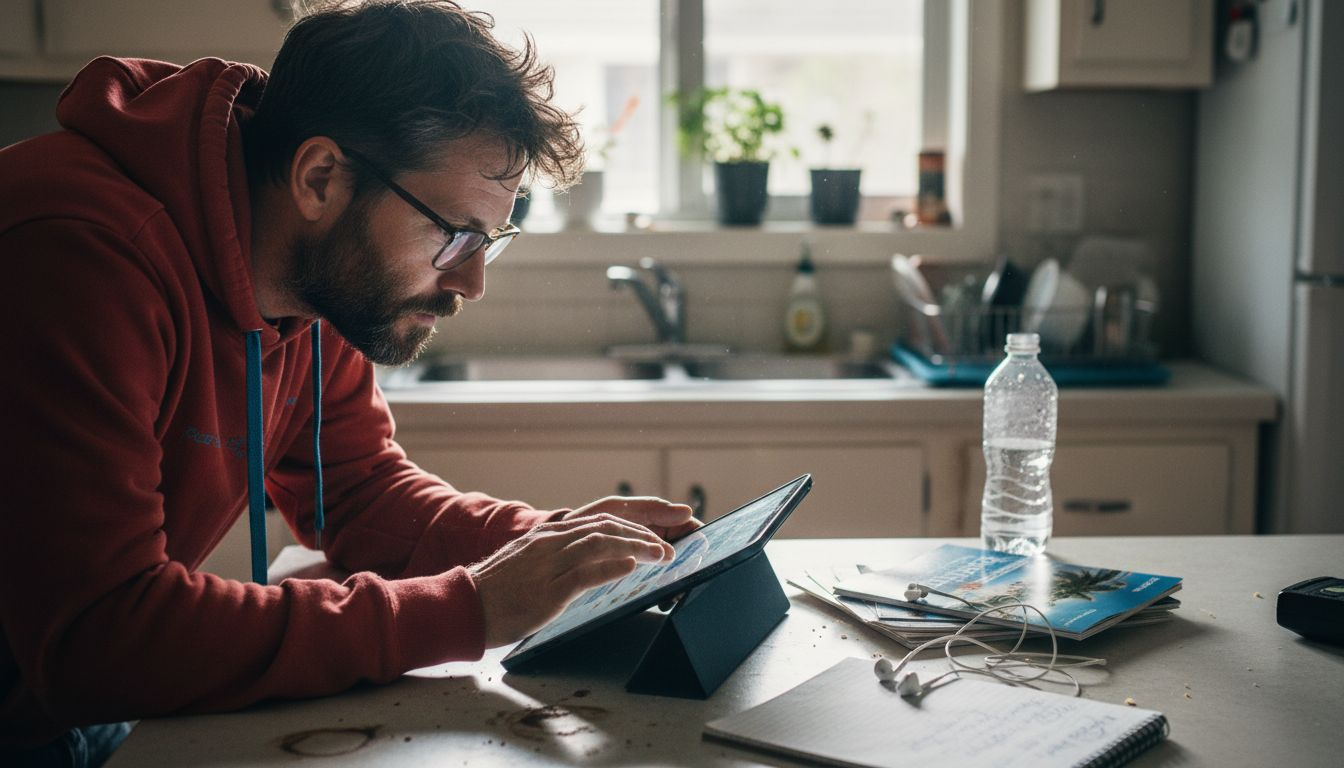 Man comparing flight sites on tablet
