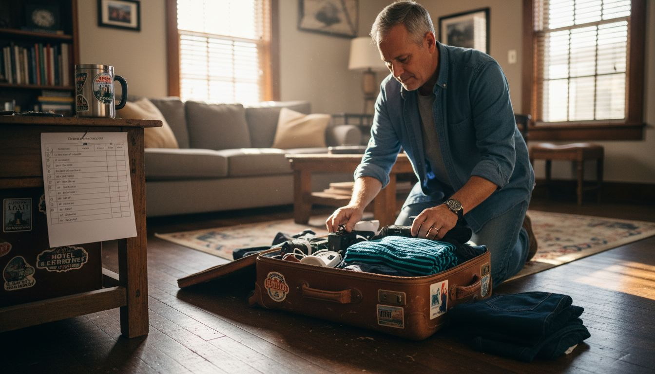 Traveler packing suitcase with checklist
