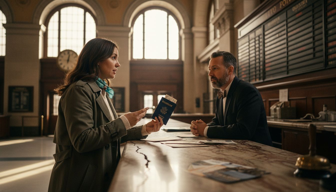 Traveler at train station ticket desk