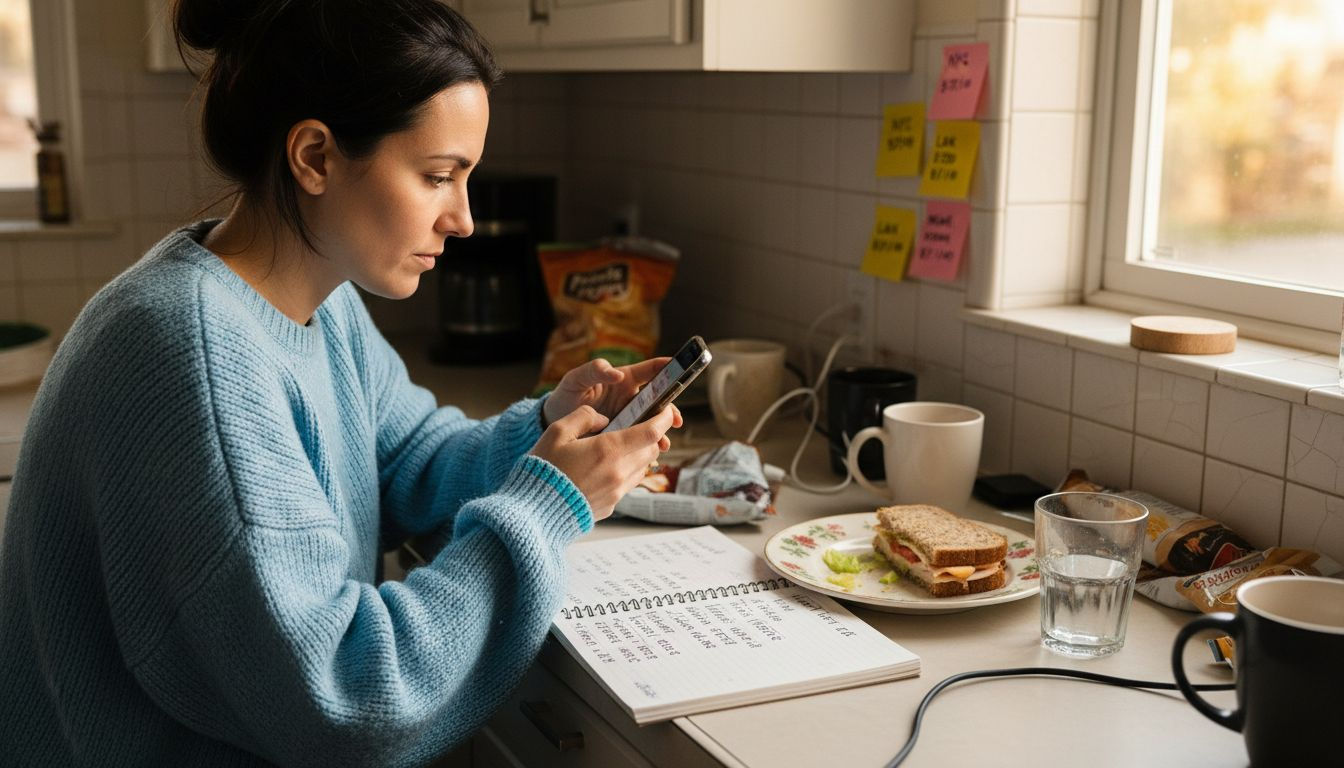 Woman checking flight alerts at kitchen counter