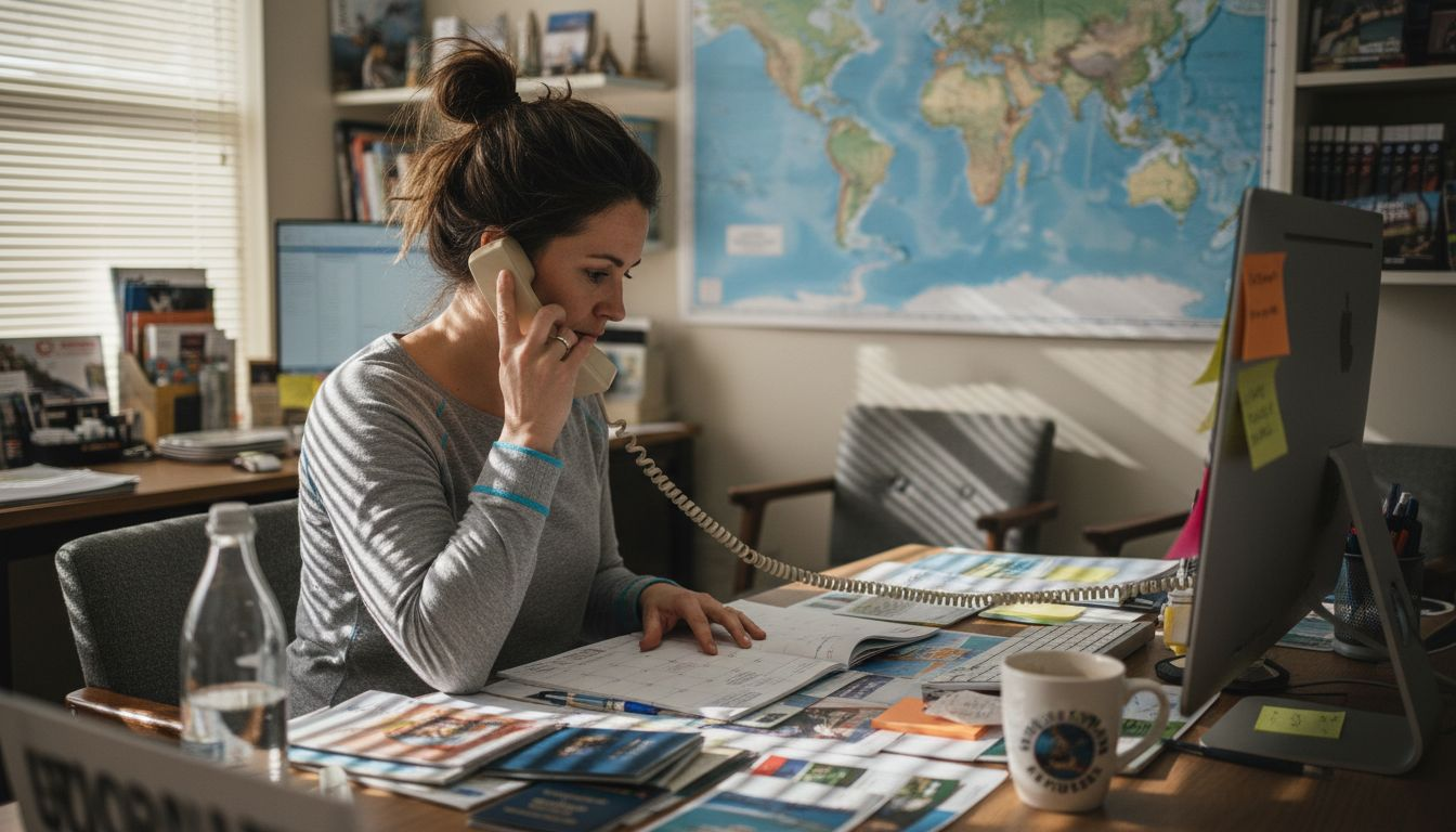 Travel agent using phone at cluttered desk