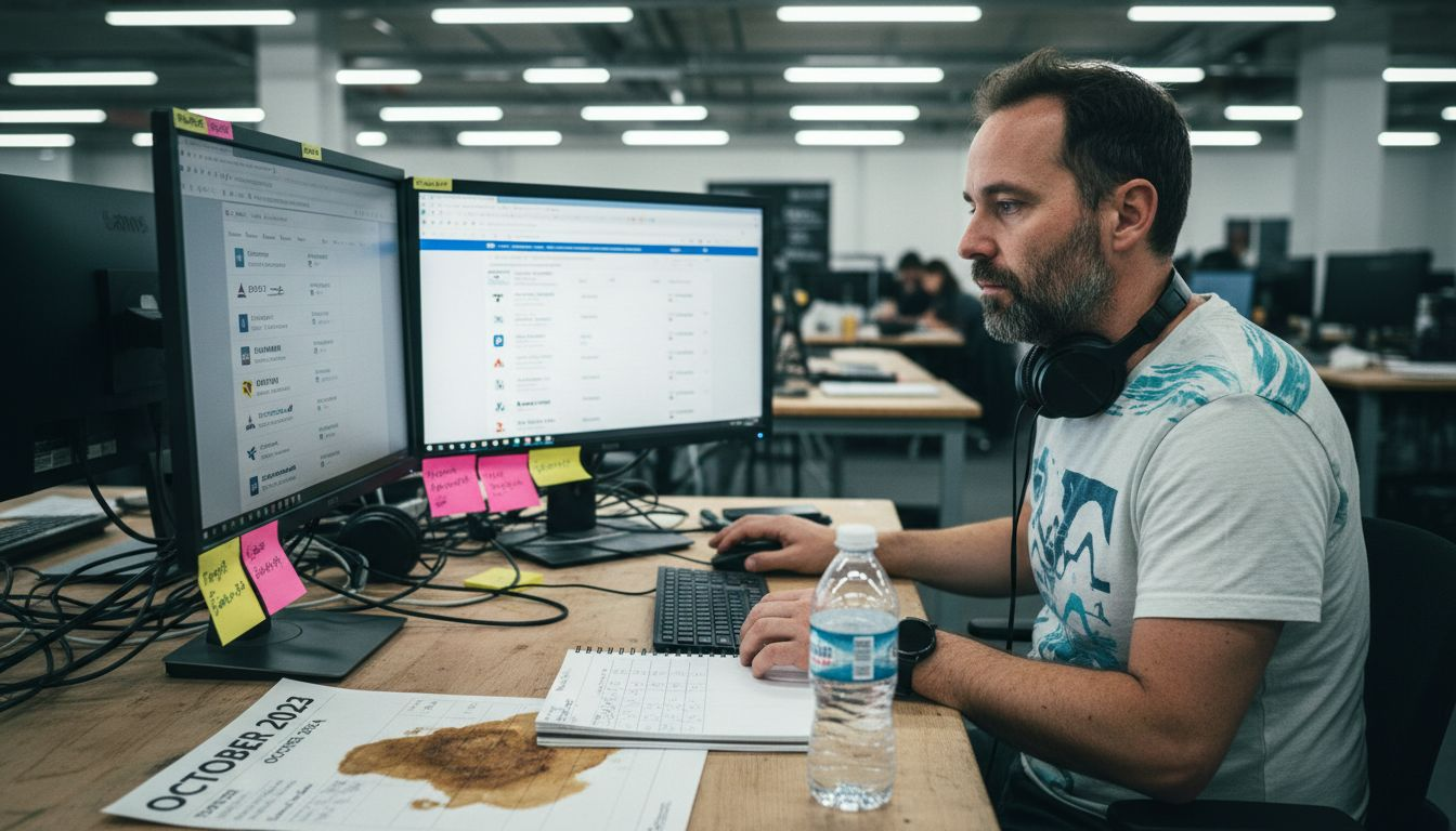 Man comparing flights on dual monitors