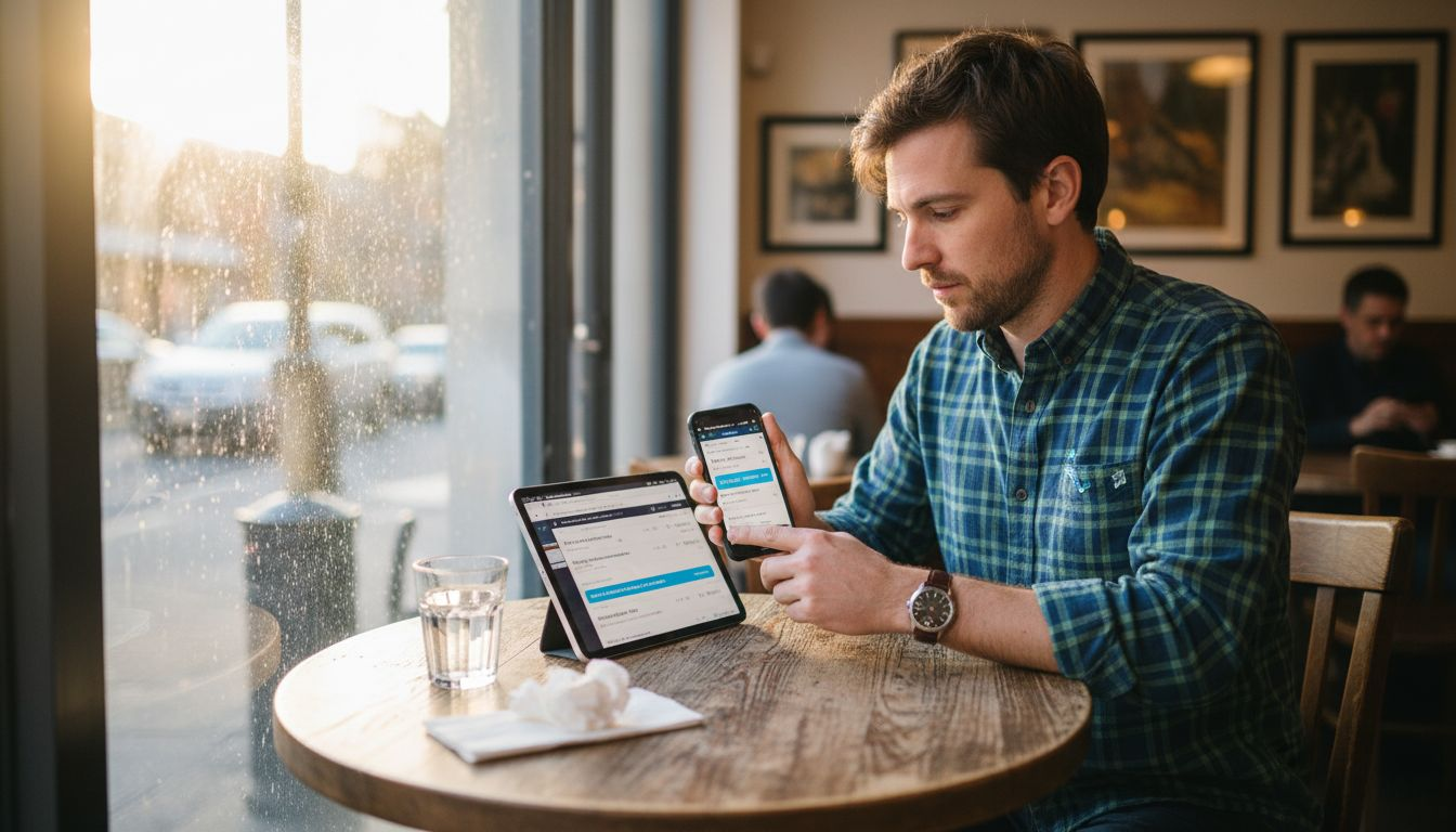 Man comparing flight prices using two devices