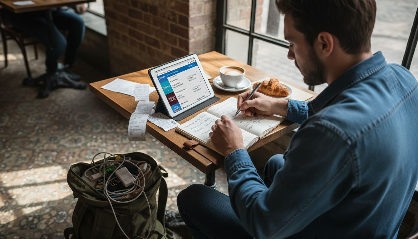 Man comparing types of travel sale offers