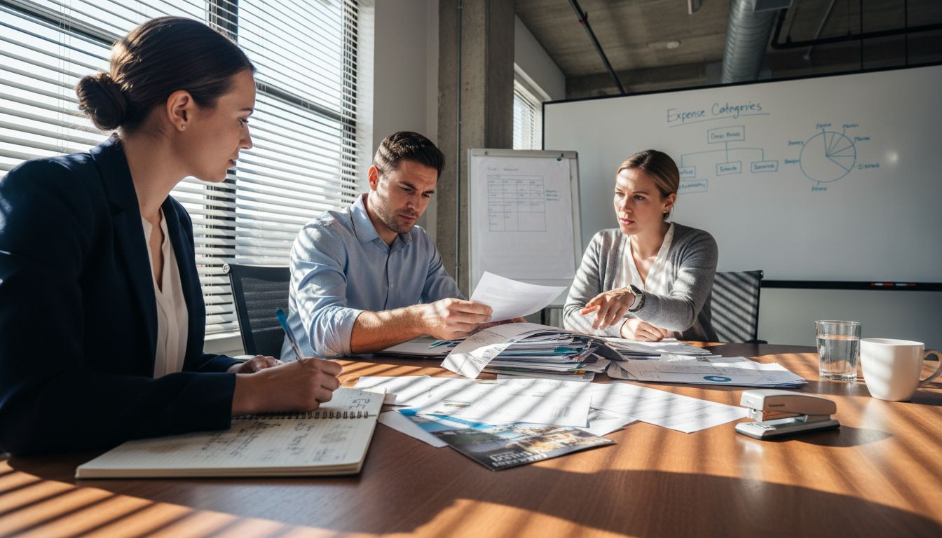 Team reviewing travel expense categories in meeting