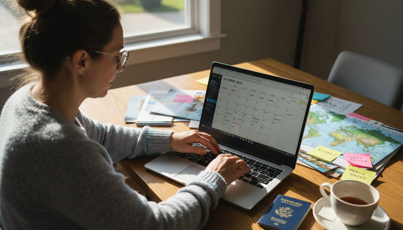 Traveler using flexible flight calendar at home