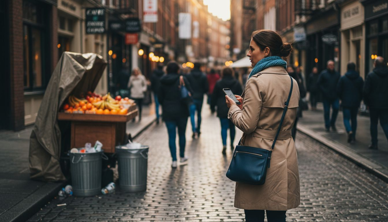 Solo traveler walking safely down city street