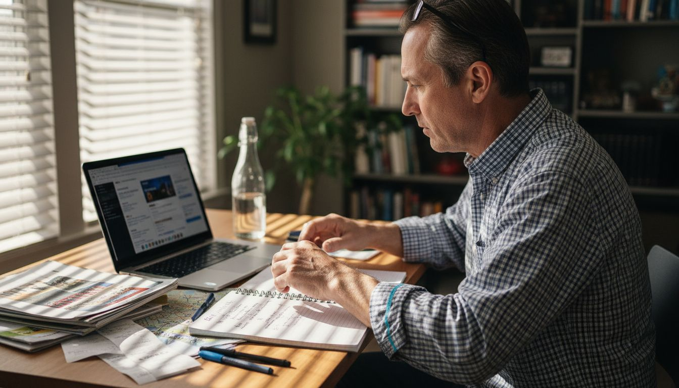 Man organizing travel deals workspace