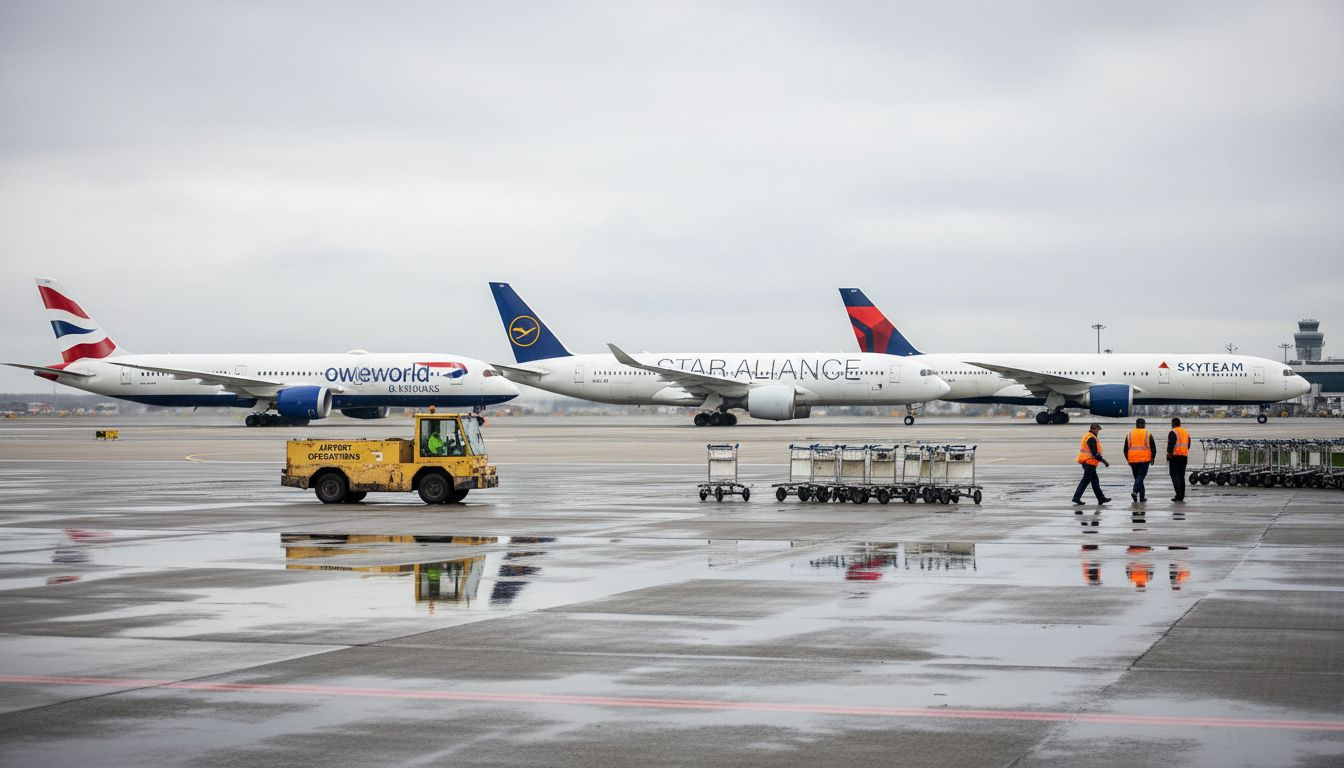 Different airline alliance jets on busy runway