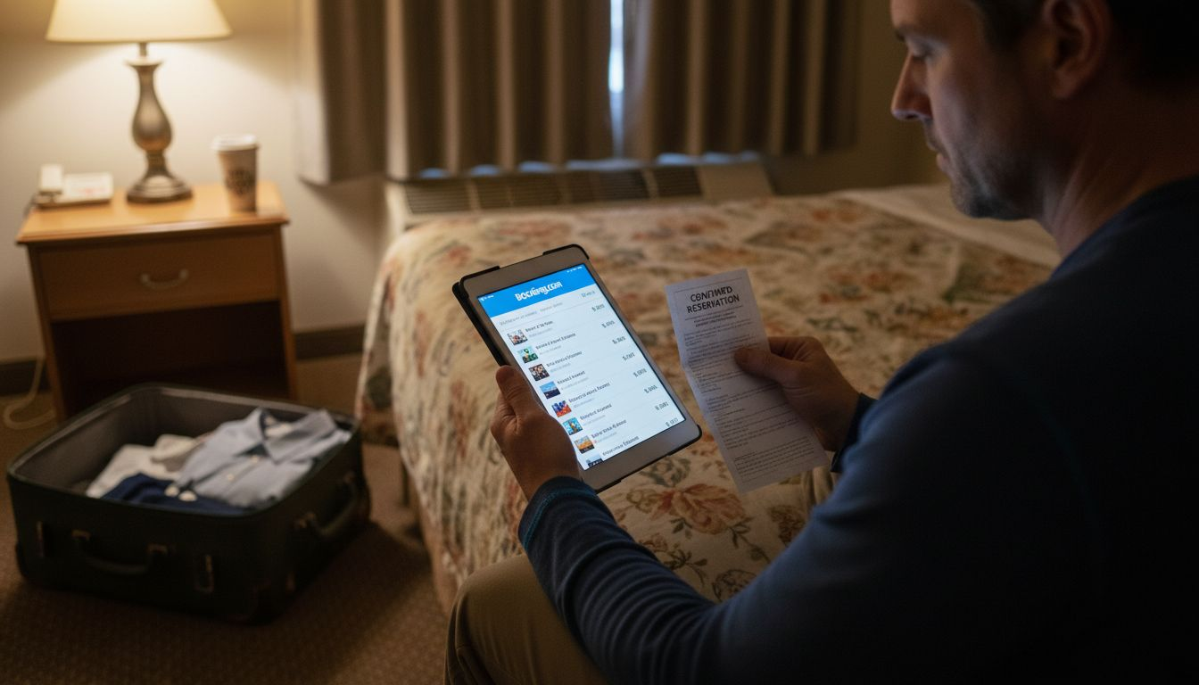 Man researching hotels on tablet in hotel room