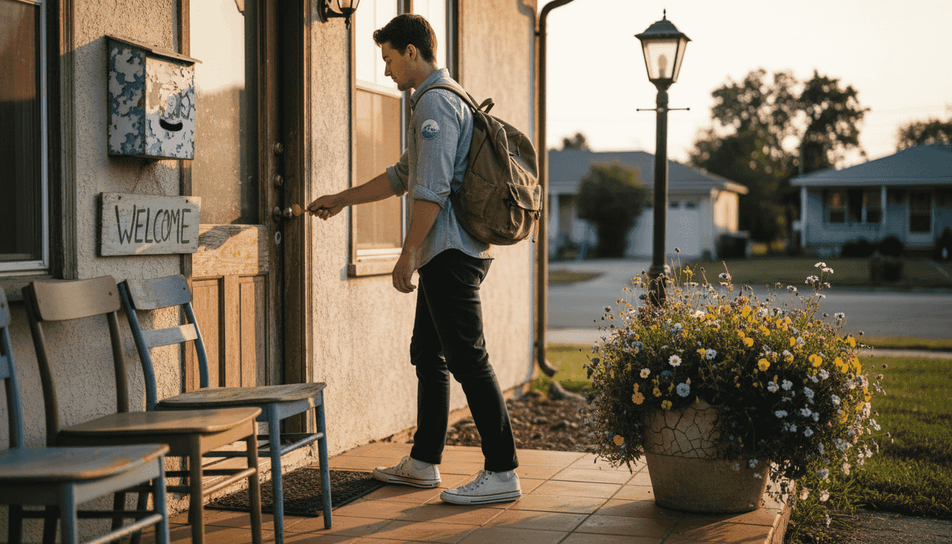 Traveler enters affordable local guesthouse