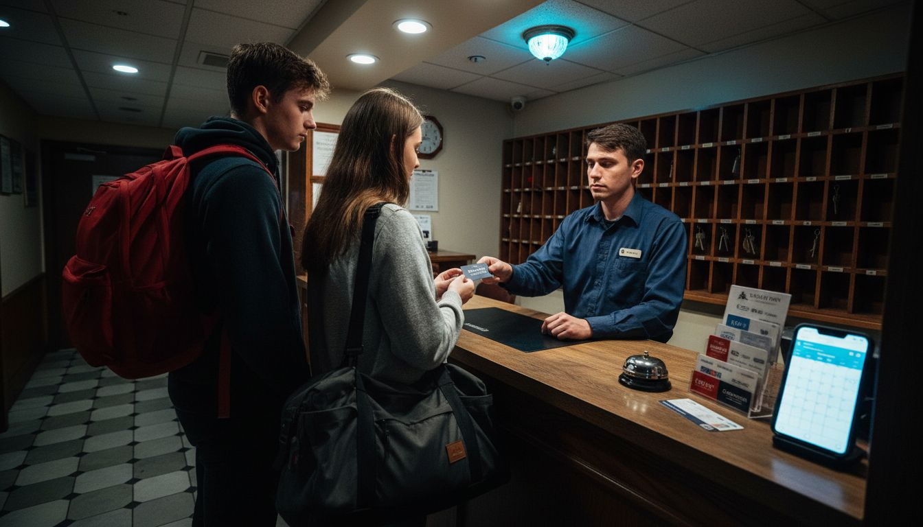 Late-night hotel lobby booking scene