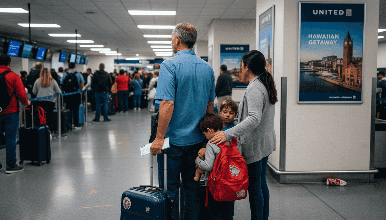 Crowded United check-in line Saturday afternoon