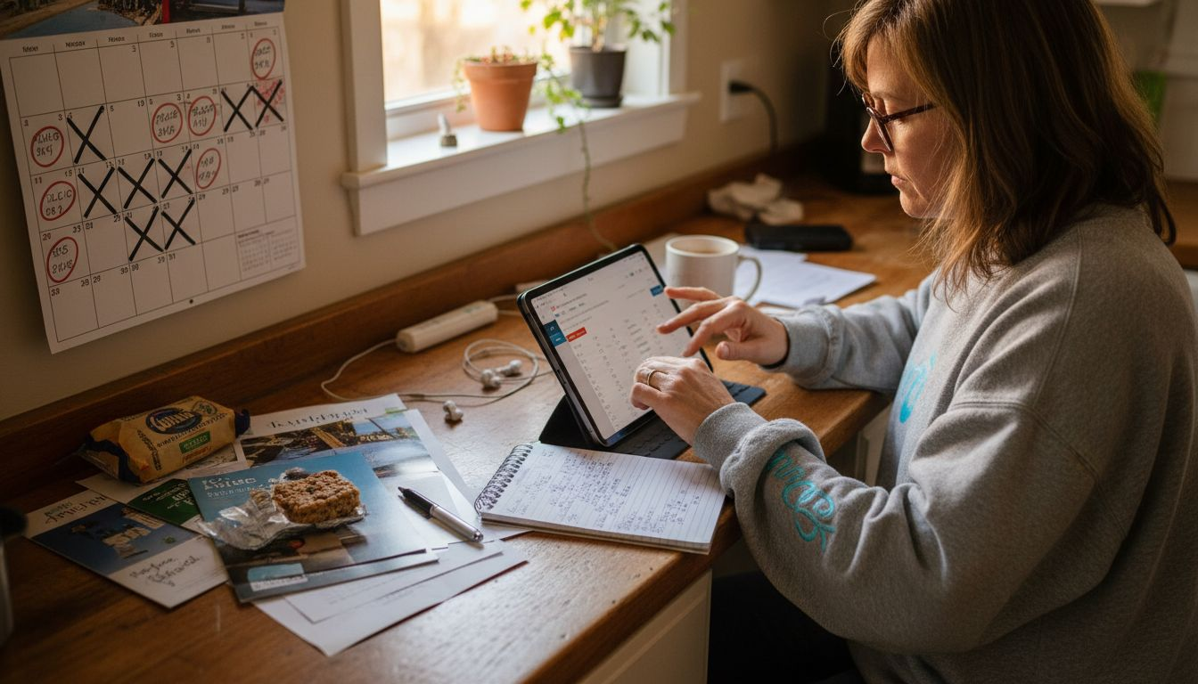 Person planning flight dates using calendar