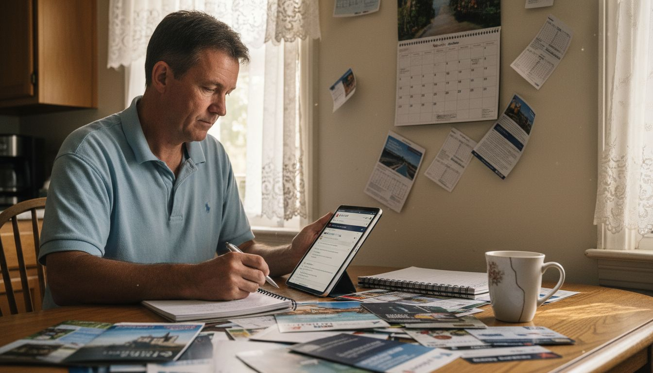 Man planning Delta flights at kitchen table