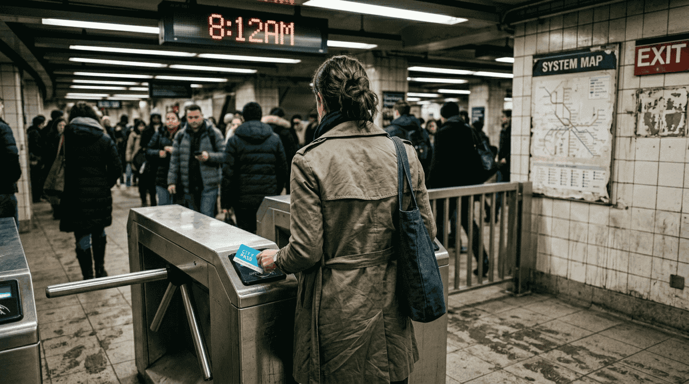 Commuter scanning city transport pass at metro