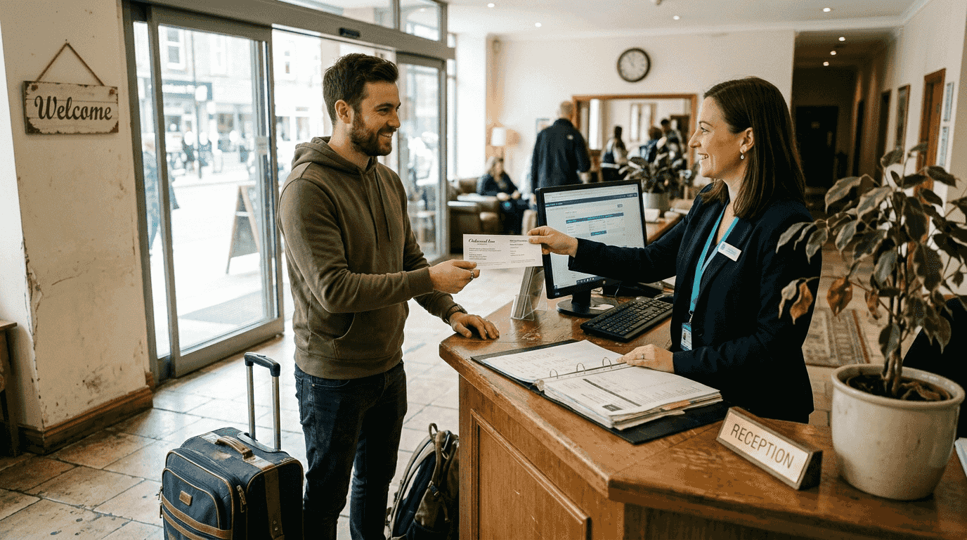 Hotel staff gives guest a travel voucher