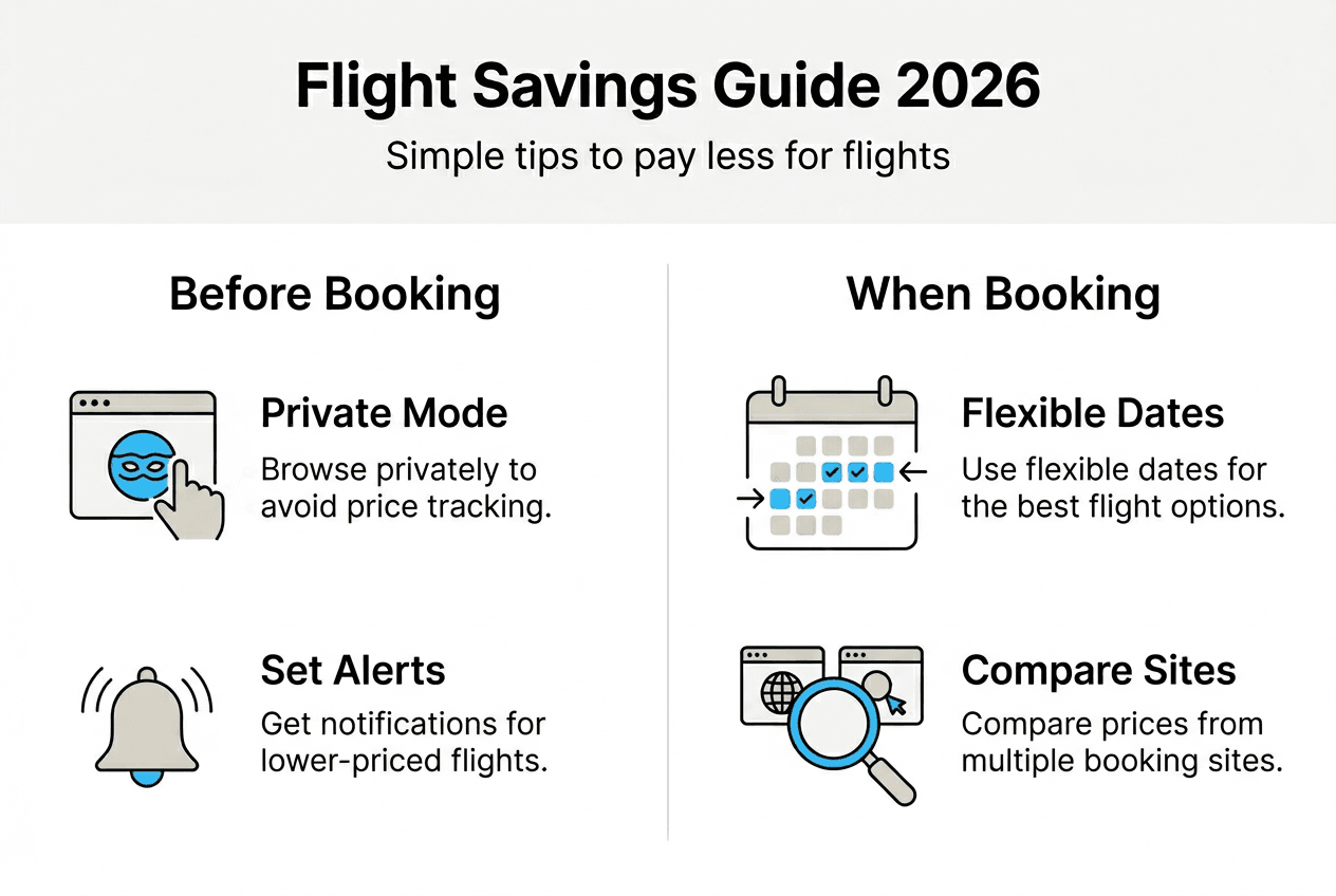 Infographic summarizing cheap flights strategies