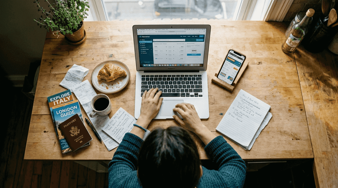 Woman searching cheap flights at kitchen counter