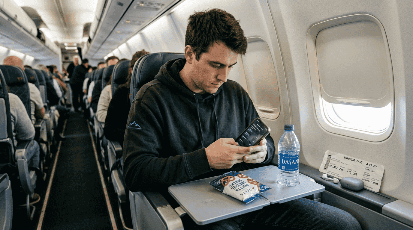 Flyer redeeming travel credits on plane