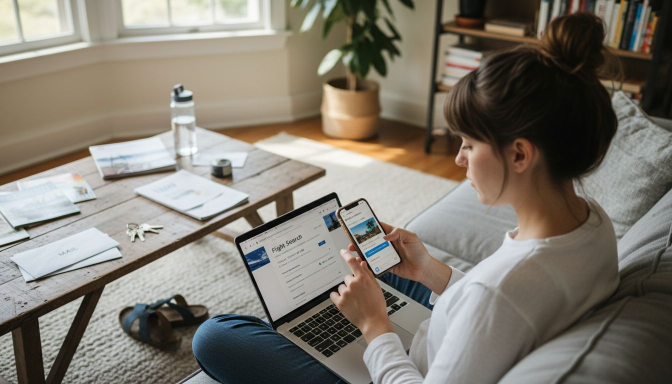 Woman comparing domestic flight prices online