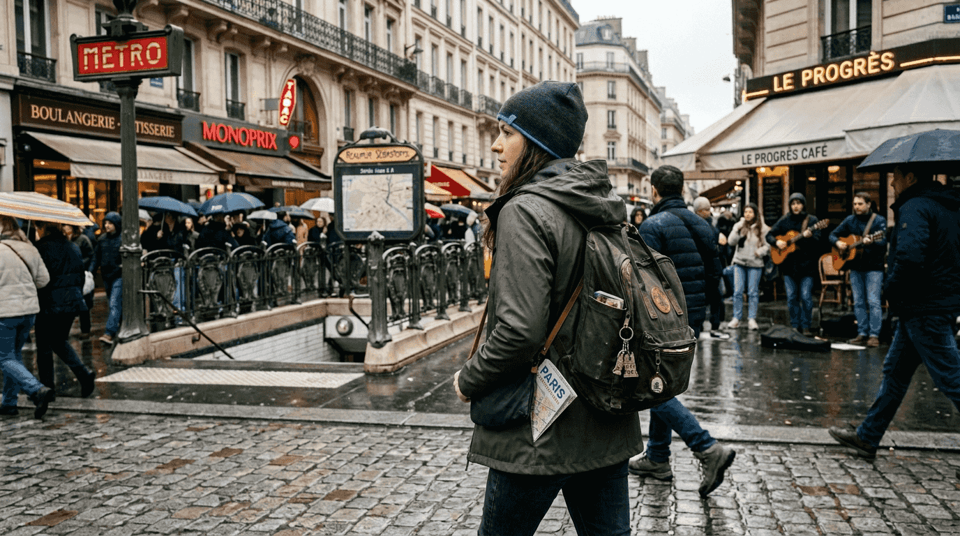 Traveler in city using theft prevention measures