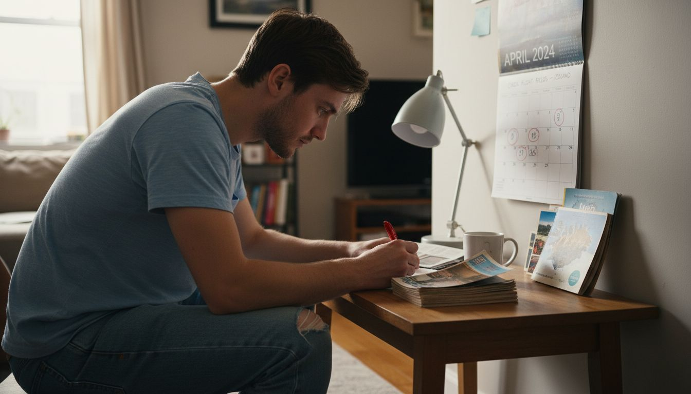 Man marking flight booking calendar reminder
