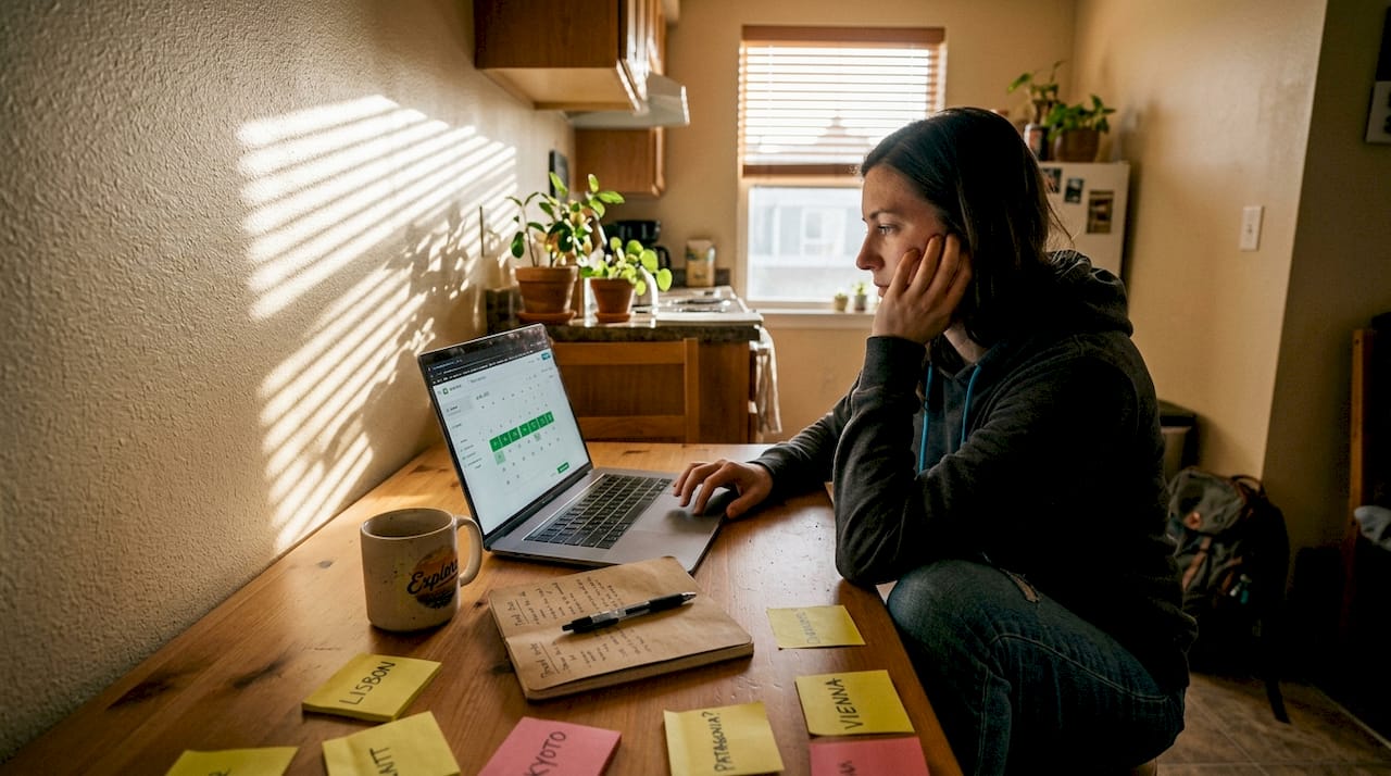 Person checking flexible travel dates at home