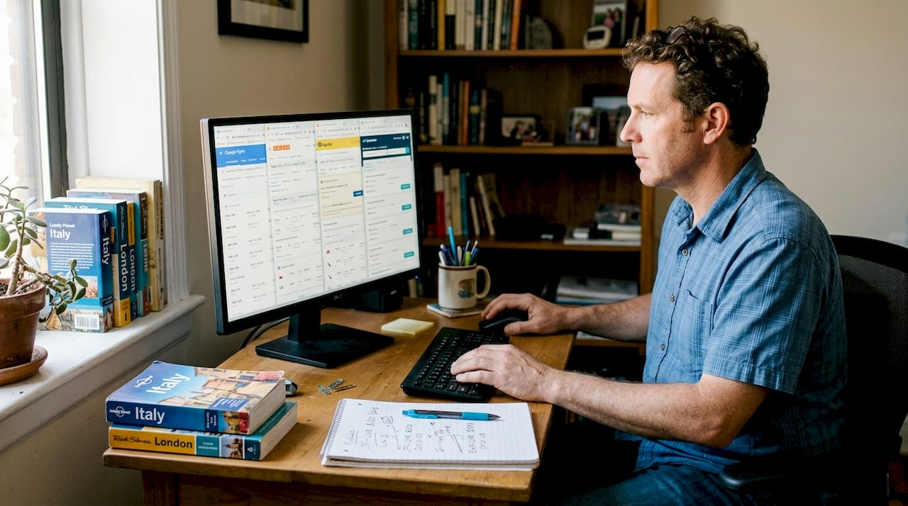 Man comparing flight sites in home office