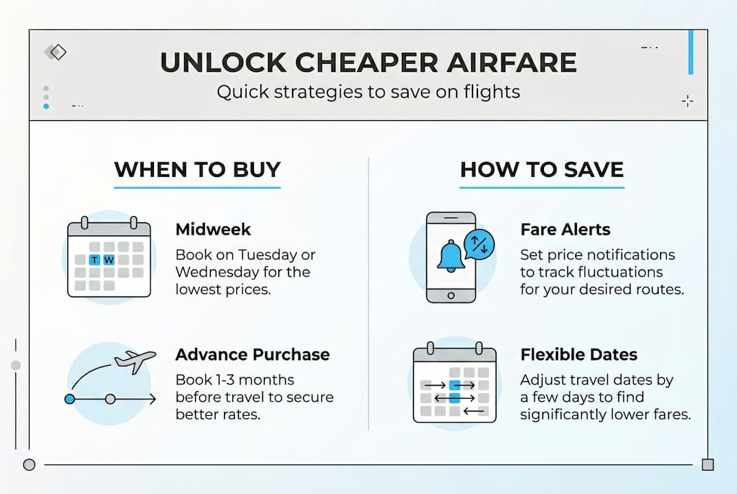 Infographic summarizing top airfare saving strategies