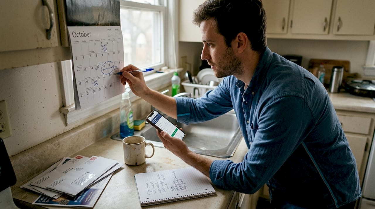 Man marking trip dates in home kitchen