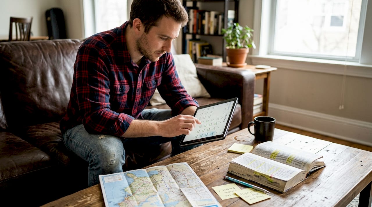 Man viewing flight price calendar at home